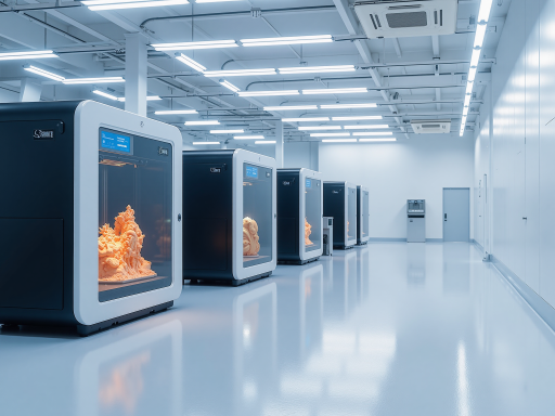 现代化3D打印设备车间，技术人员正在操作精密设备，展示高科技制造环境